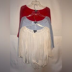 I.N. Studio Bundle Off White, Blue, and Red Crochet Sleeve Tops